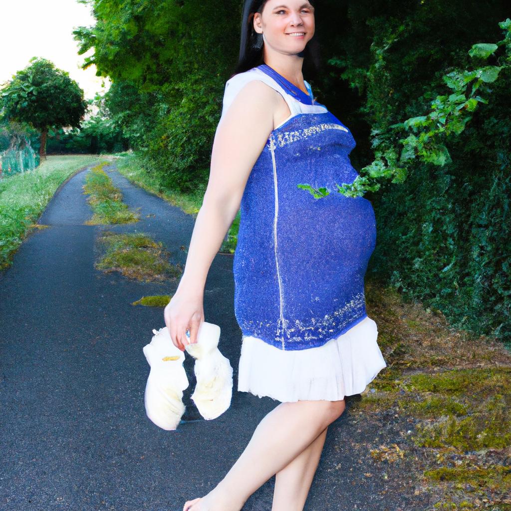 Pregnant woman walking outdoors happily